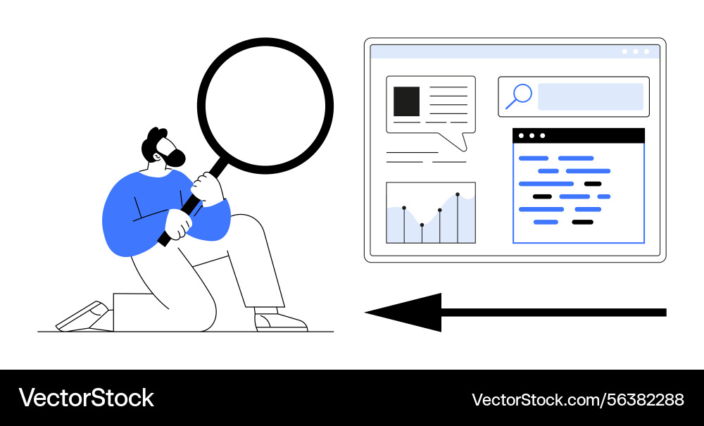 Man using magnifying glass examining website data Man using magnifying glass examining website data vector image