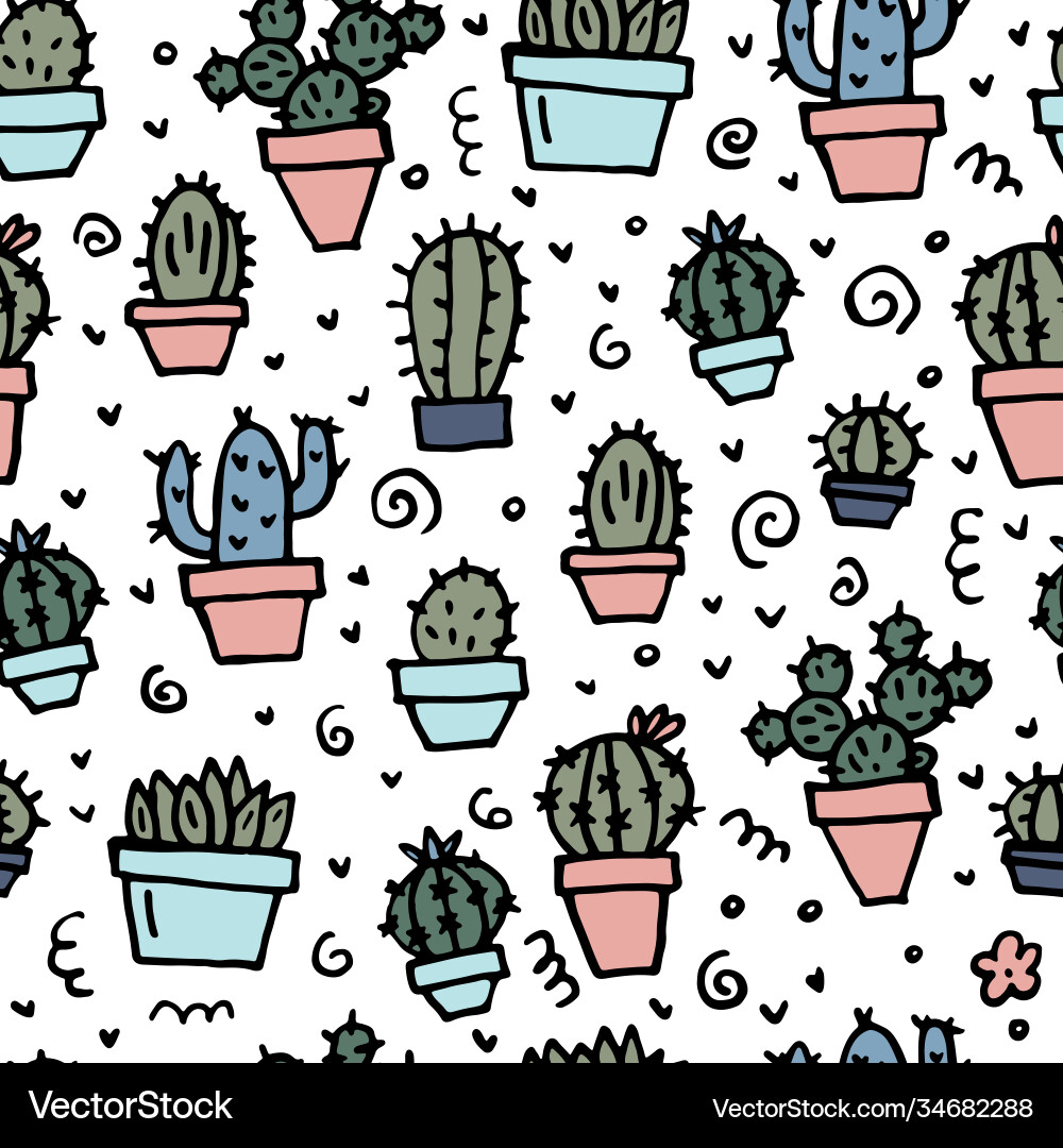 Seamless pattern with cactus in pots Seamless pattern with cactus in pots Vector Image
