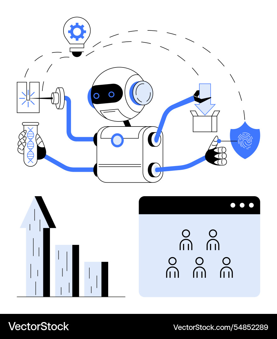 Ai-powered robot multitasking in technology Ai-powered robot multitasking in technology vector image