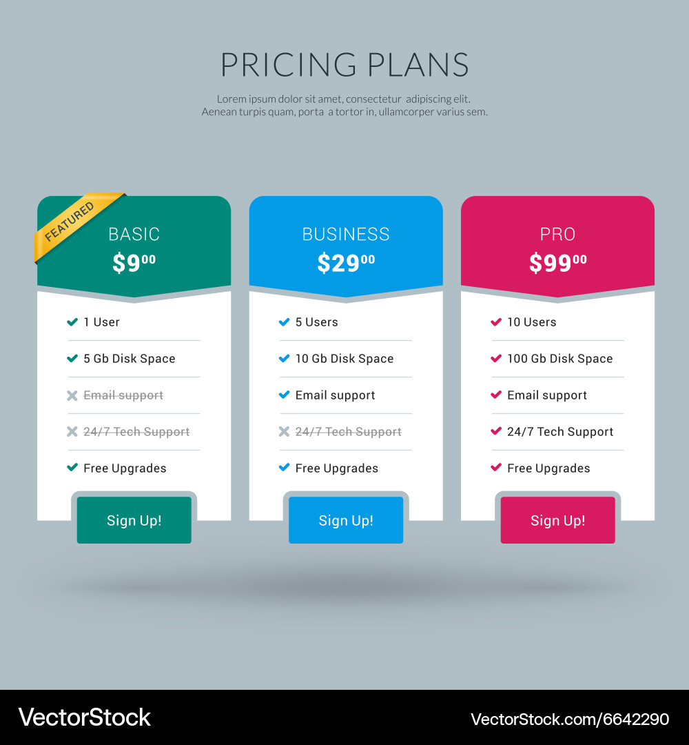 Design template for pricing table in flat vector image