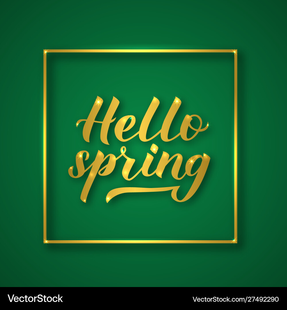 Hallo Frühling glänzende Schrift mit Goldrahmen Vektorbild