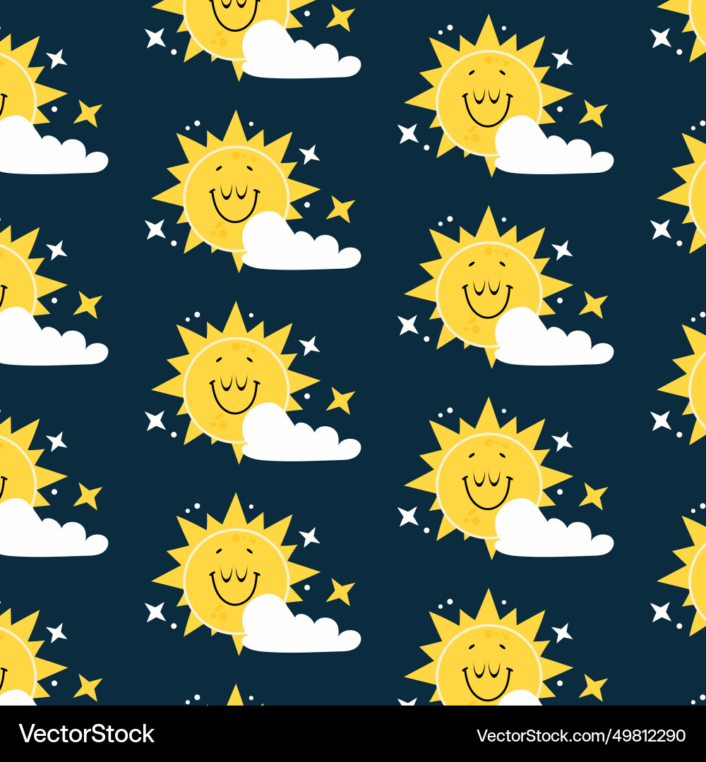 Seamless pattern with smiling sun and clouds Vector Image
