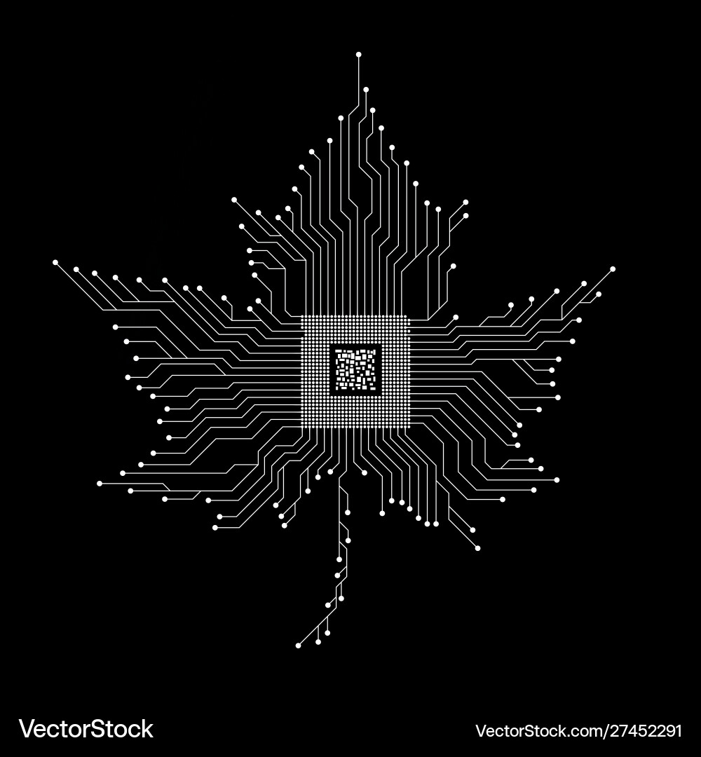 Abstract neon maple leaf with microprocessor Vector Image