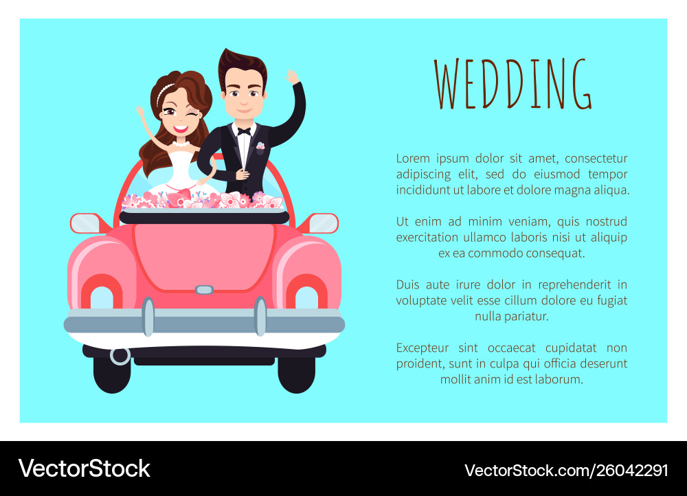 Wedding poster with happy couple greeting everyone Wedding poster with happy couple greeting everyone vector image