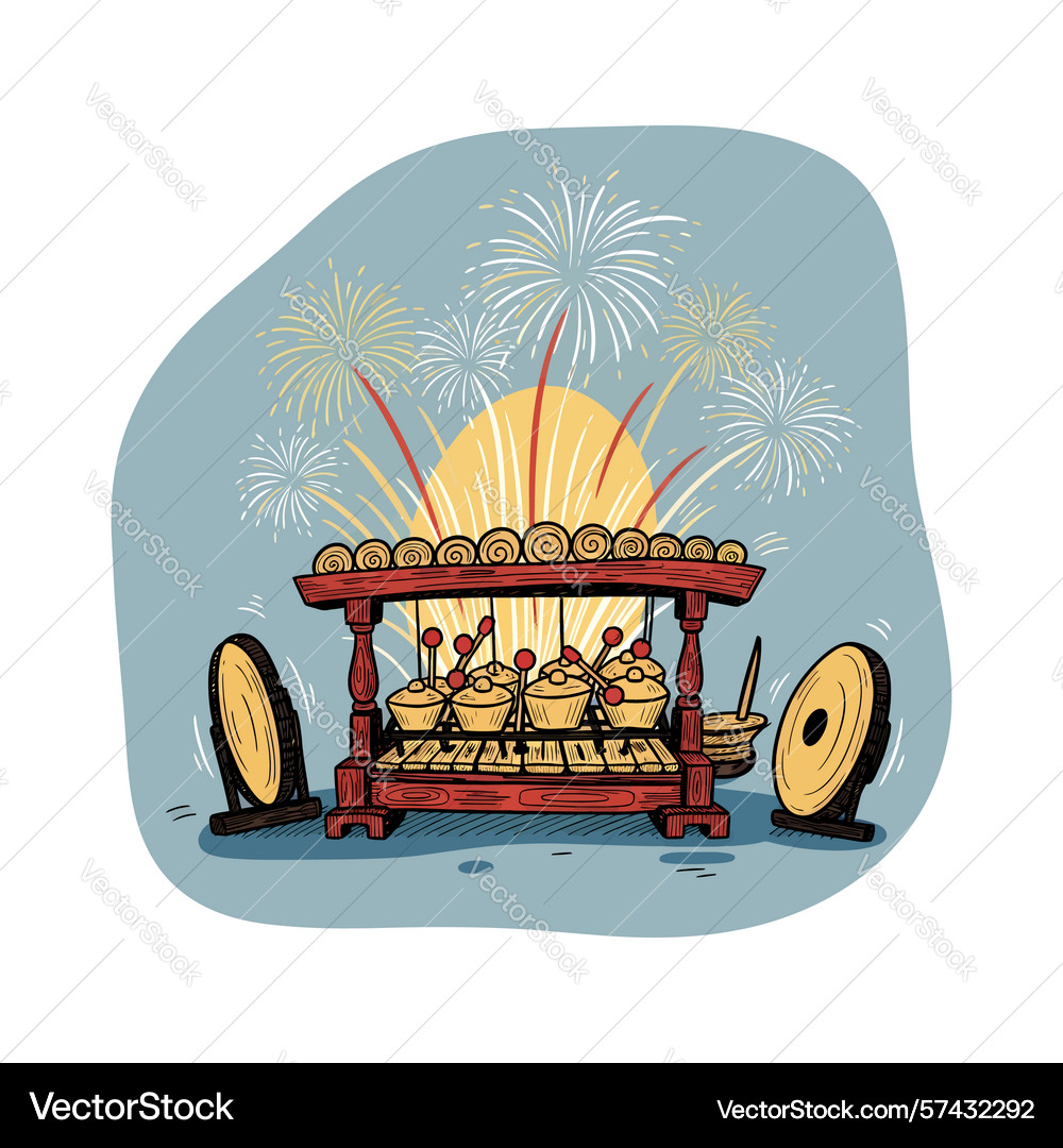 Festive gamelan ensemble with fireworks display Vector Image