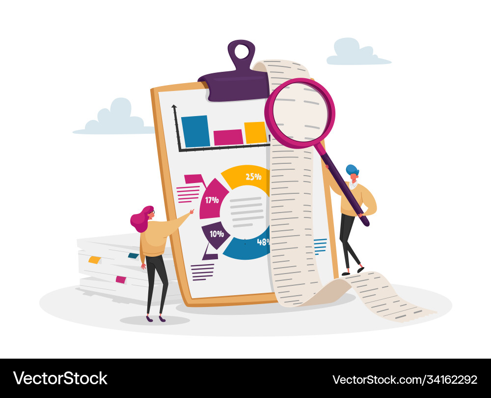 Tiny accountant characters make report Tiny accountant characters make report vector image