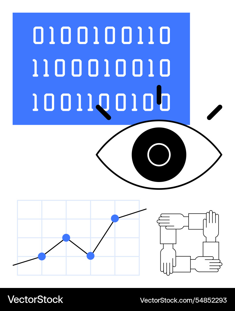 Eye binary code graph and teamwork hands Eye binary code graph and teamwork hands vector image