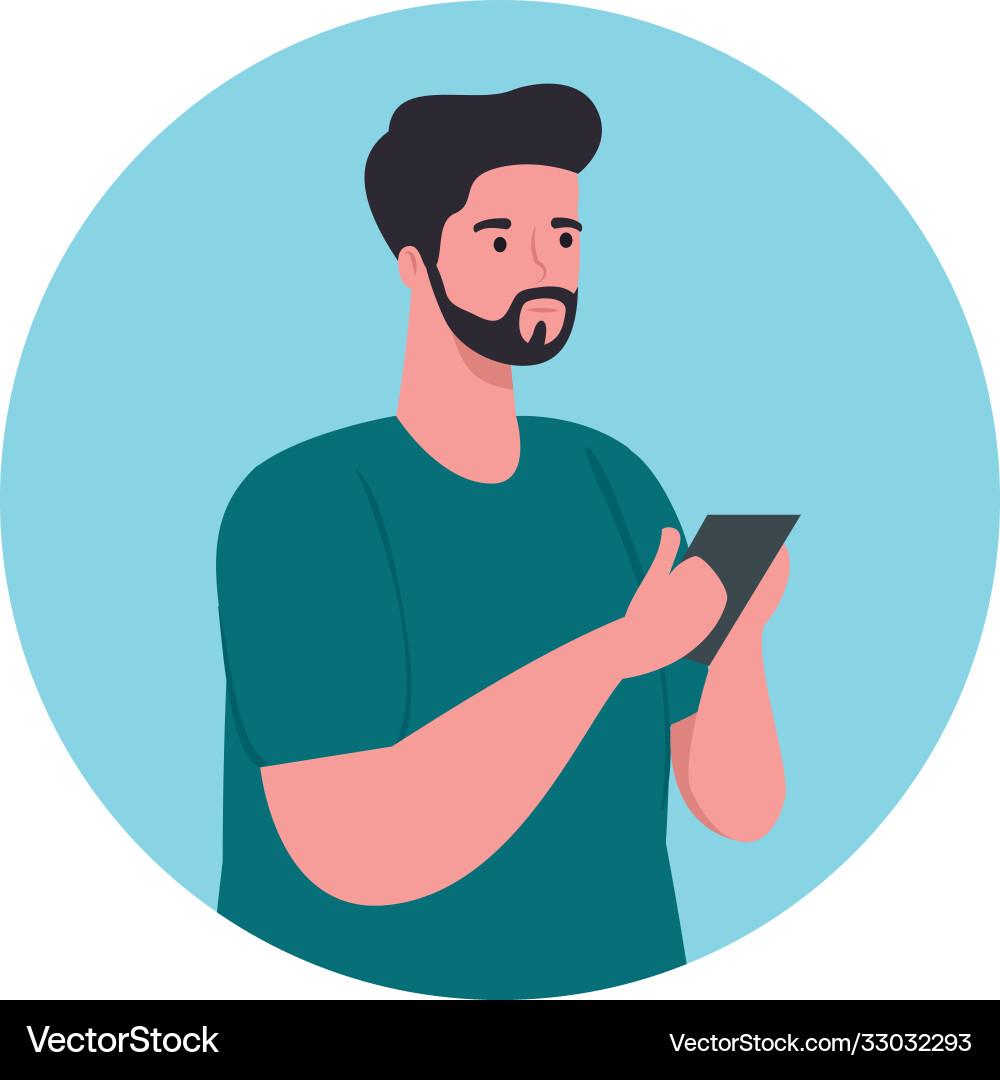 Man using smartphone in circle frame social media Man using smartphone in circle frame social media vector image