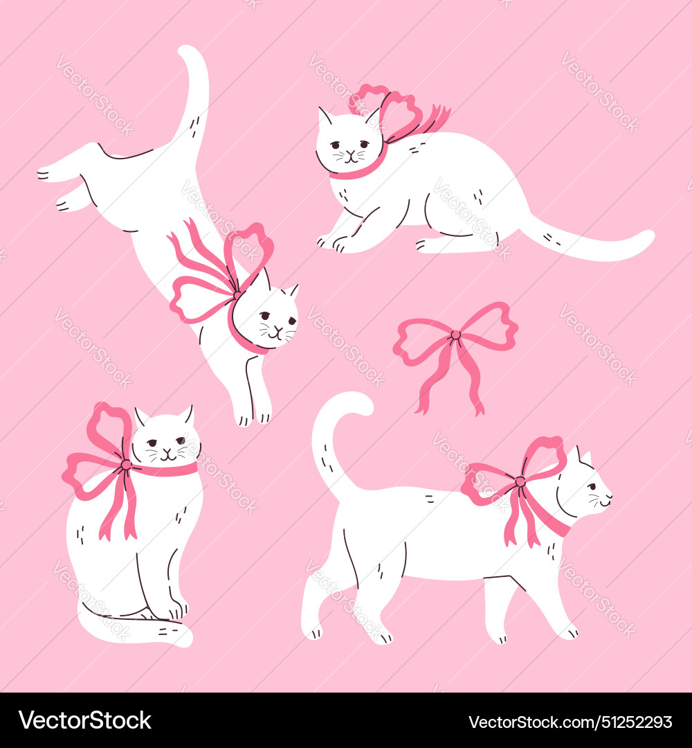 Set von niedlichen weißen Katzen mit rosa Schleifen Bild Set von niedlichen weißen Katzen mit rosa Schleifen Bild vektorbild