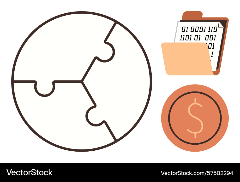 Puzzle globe digital data folder and dollar coin vector image