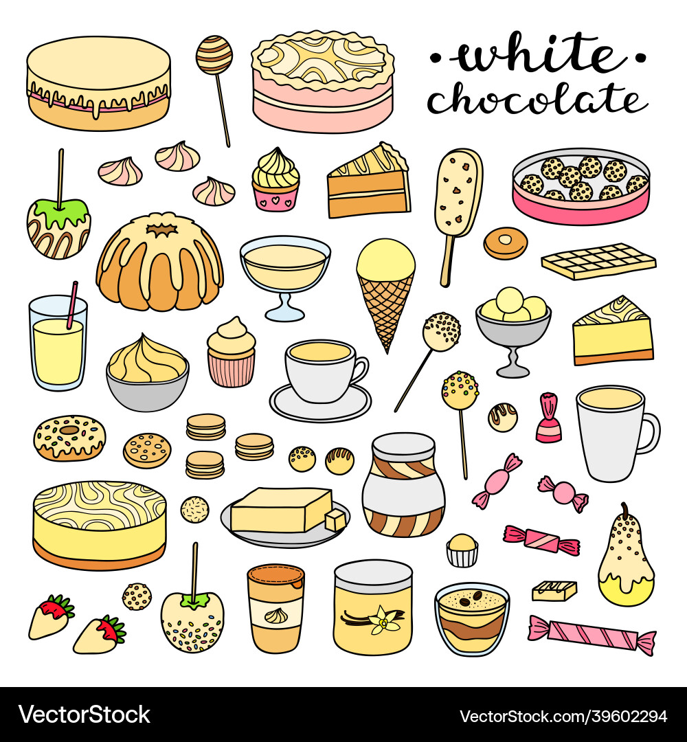 Set of doodle white chocolate products Set of doodle white chocolate products vector image