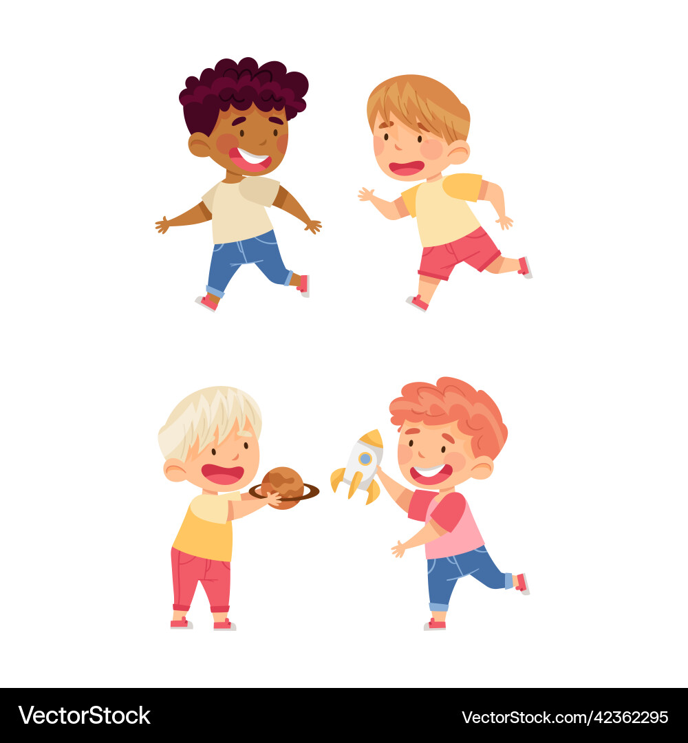 Kids playing catch up and building with toy blocks Kids playing catch up and building with toy blocks vector image