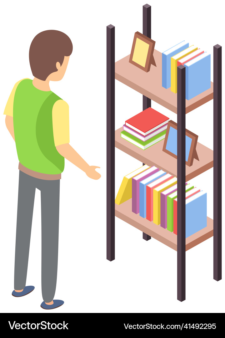 Man standing near shelf with photo frames Man standing near shelf with photo frames vector image