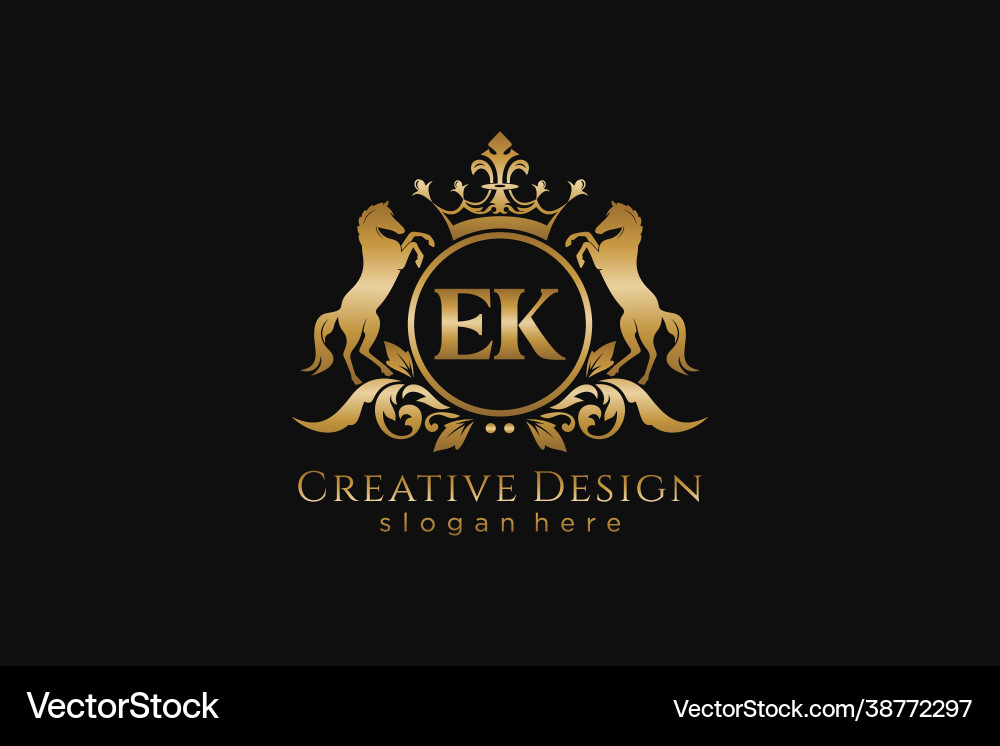 Initial ek retro golden crest with circle and two vector image