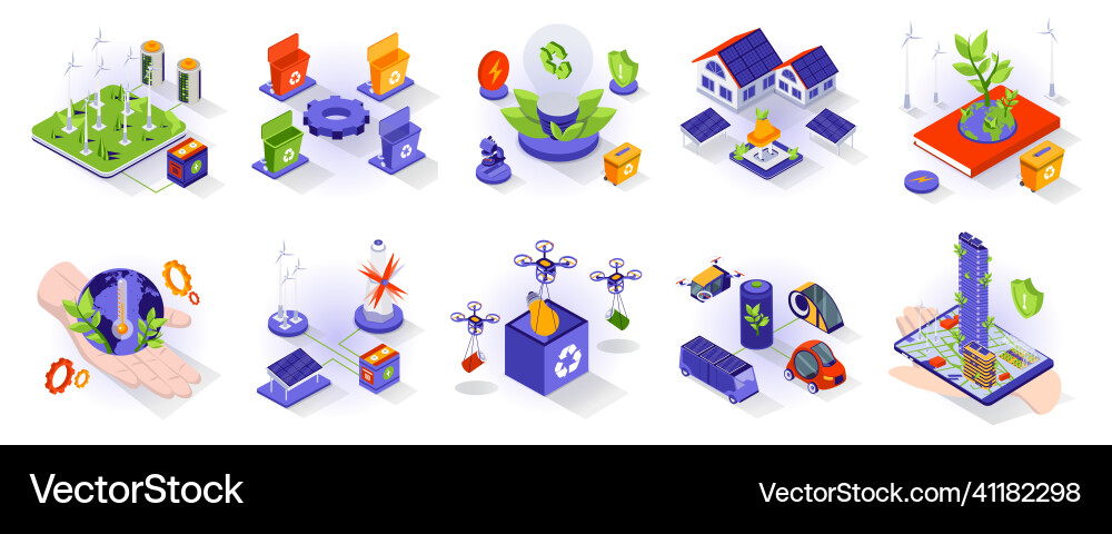 Eco lifestyle concept isometric 3d icons set Eco lifestyle concept isometric 3d icons set vector image
