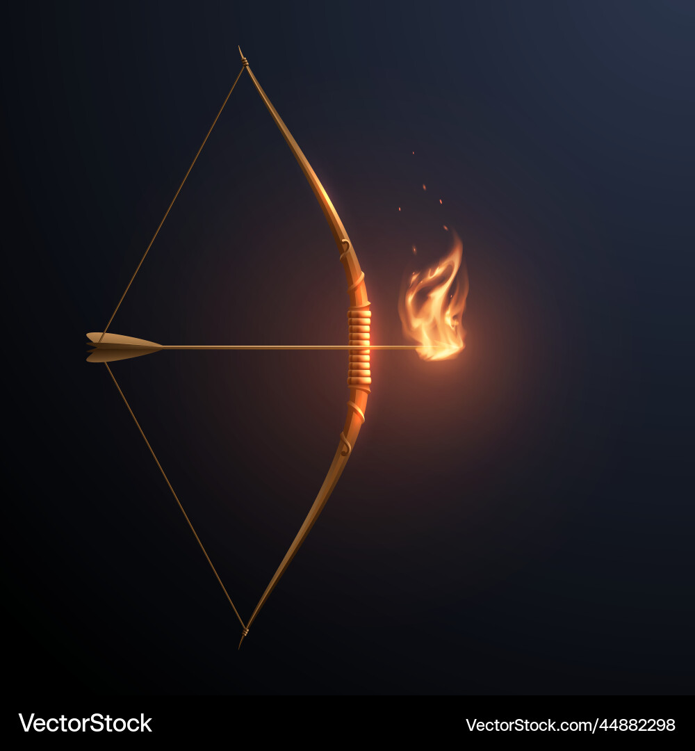 Gold bow and arrow with flame Gold bow and arrow with flame vector image