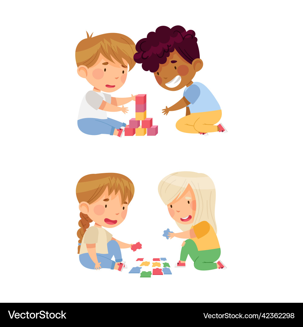 Kids building with toy blocks and solving puzzle Kids building with toy blocks and solving puzzle Vector Image