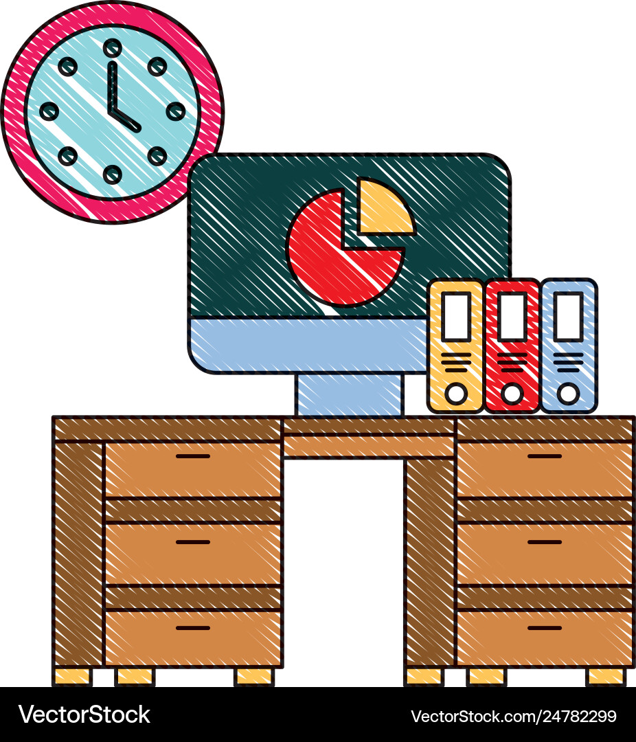 Büro Schreibtisch Computer Bindemittel Uhr Objekte vektorbild