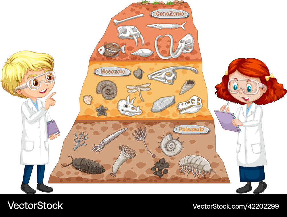 Fossil in soil layers with children cartoon Fossil in soil layers with children cartoon vector image