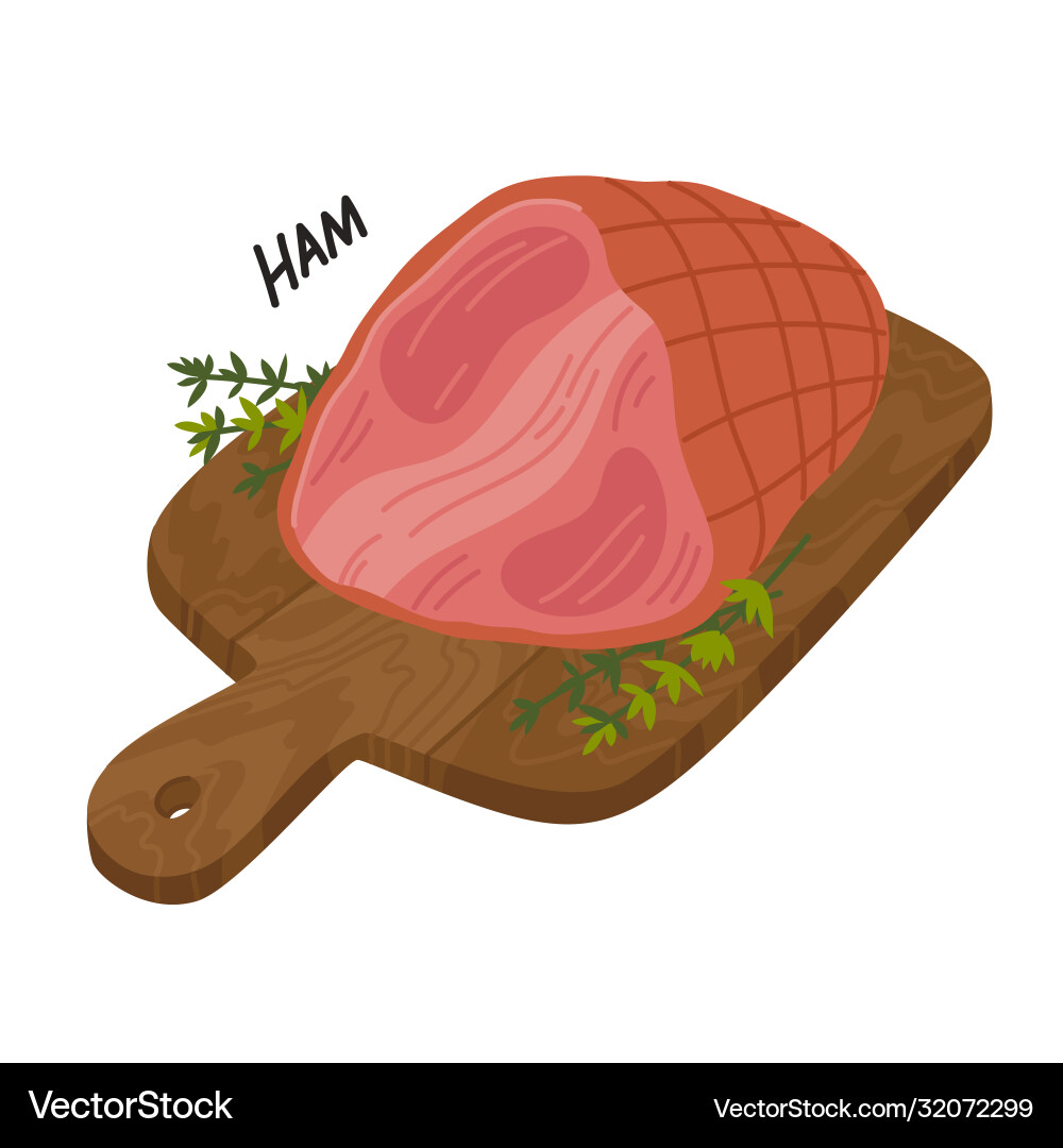 Ham meat delicatessen on a wooden cutting board Ham meat delicatessen on a wooden cutting board Vector Image