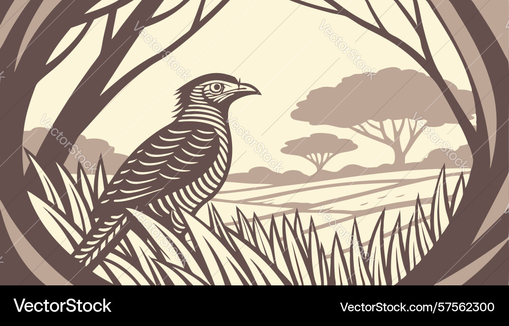 Bird in lush field with distant trees scene Vector Image