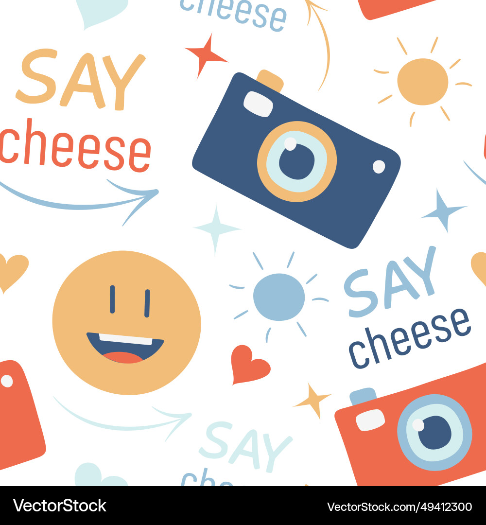 Camera pattern emoticon and text say cheese take Camera pattern emoticon and text say cheese take Vector Image