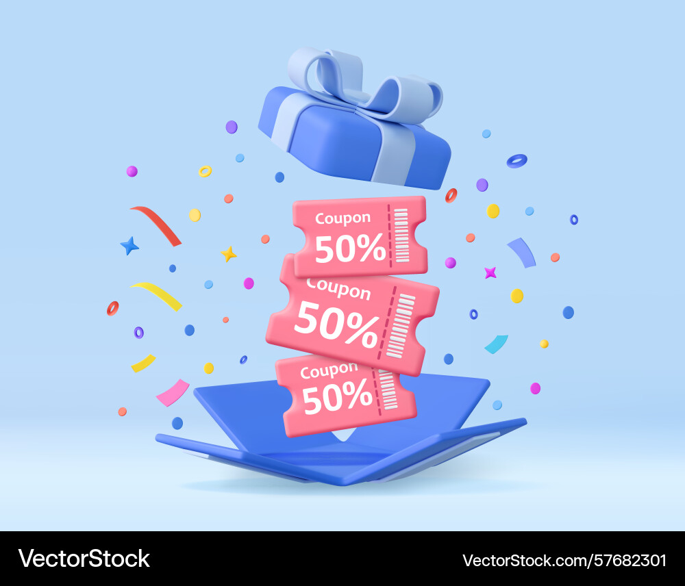 3d blaue Geschenkbox mit schwimmenden Rabatt Coupons 3d blaue Geschenkbox mit schwimmenden Rabatt Coupons Vektorbild
