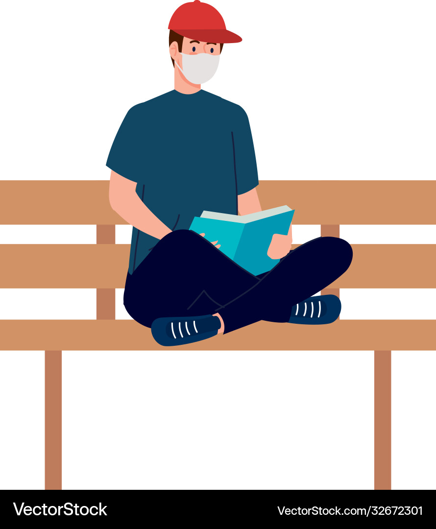 Man with mask reading a book on bench Vector Image