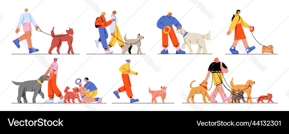 Menschen gehen mit Hunden Besitzer spielen Haustiere Menschen gehen mit Hunden Besitzer spielen Haustiere vektorbild