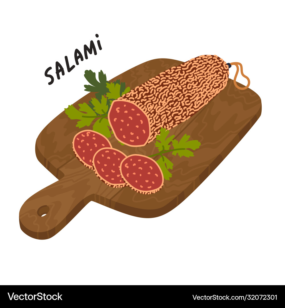 Salami sausage meat delicatessen on a wooden Salami sausage meat delicatessen on a wooden vector image