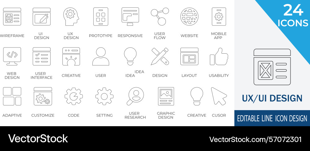 Ux or ui design and wireframe line icon set Ux or ui design and wireframe line icon set vector image