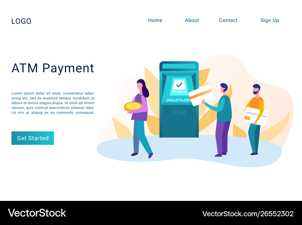 Atm payment landing page flat template Royalty Free Vector
