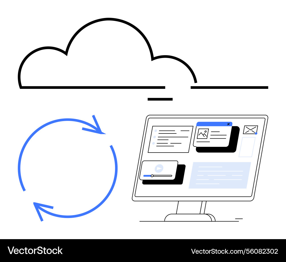 Cloud storage and data synchronization on screen Cloud storage and data synchronization on screen vector image