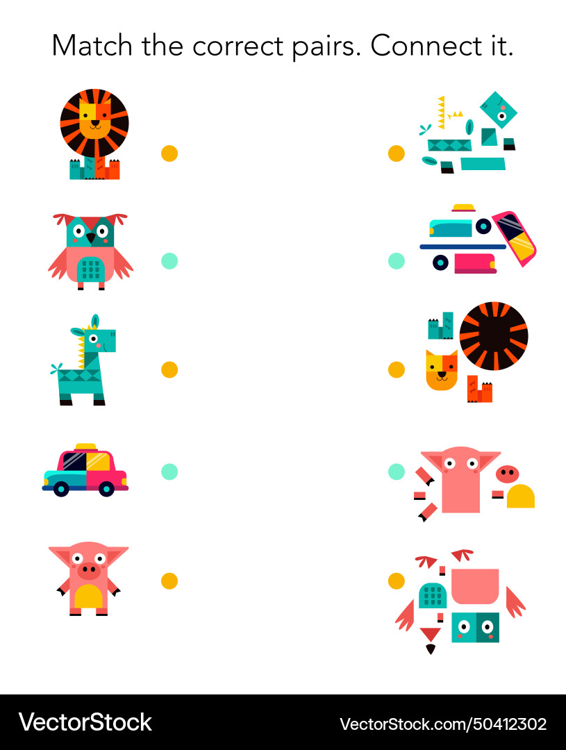 Find the same and connect them game for preschool vector image
