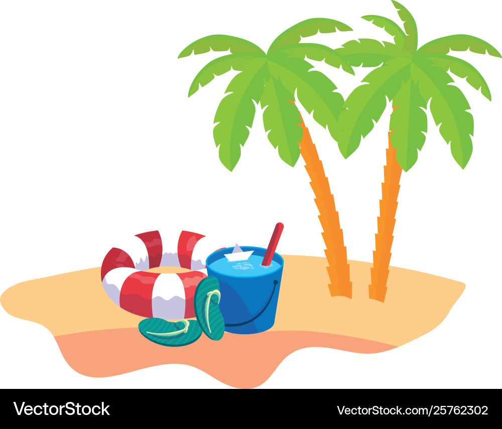 Summer beach scene with tree palms and float Summer beach scene with tree palms and float Vector Image