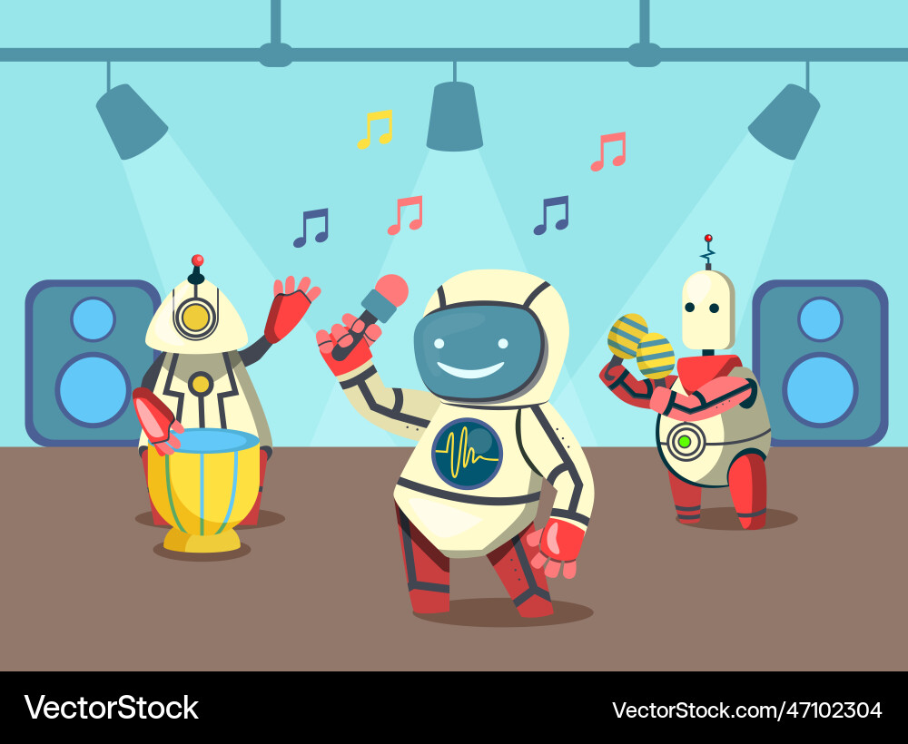 Cute robots dancing and playing instruments Cute robots dancing and playing instruments Vector Image