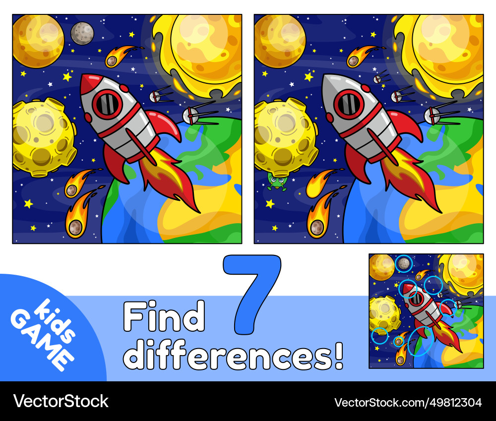 Kids game find 7 differences with space rocket Kids game find 7 differences with space rocket vector image
