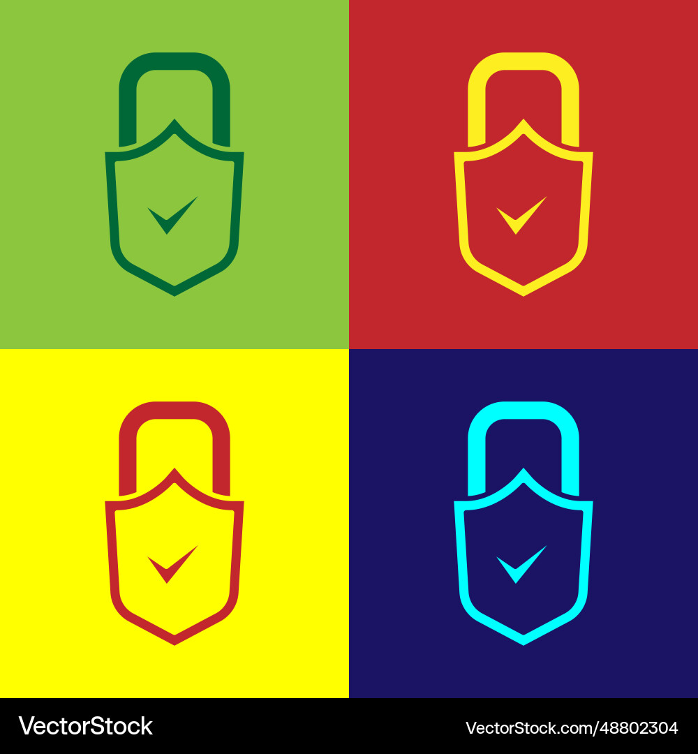 Pop art open padlock and check mark icon isolated Pop art open padlock and check mark icon isolated vector image