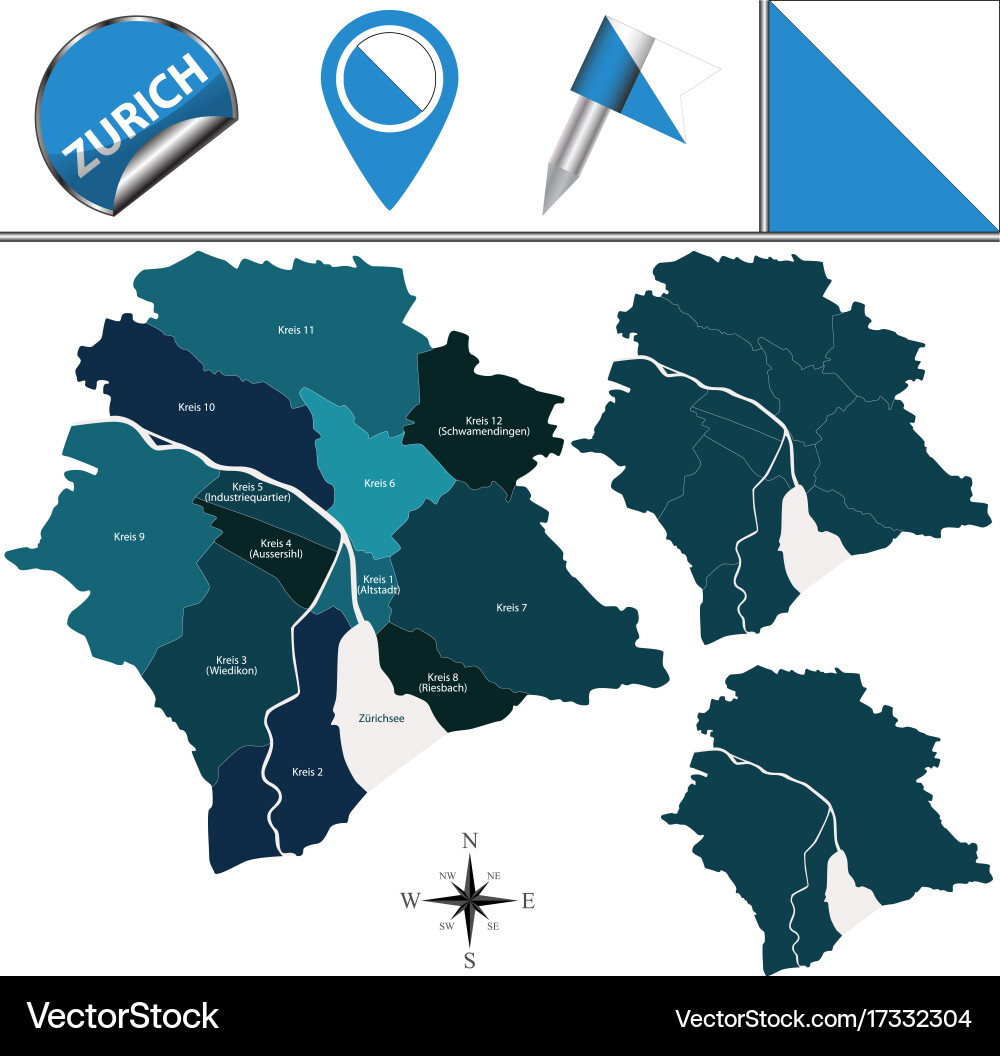 Zurich City Map with Districts Vector Image