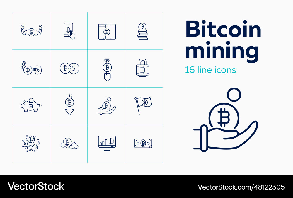 Bitcoin mining icon set vector image