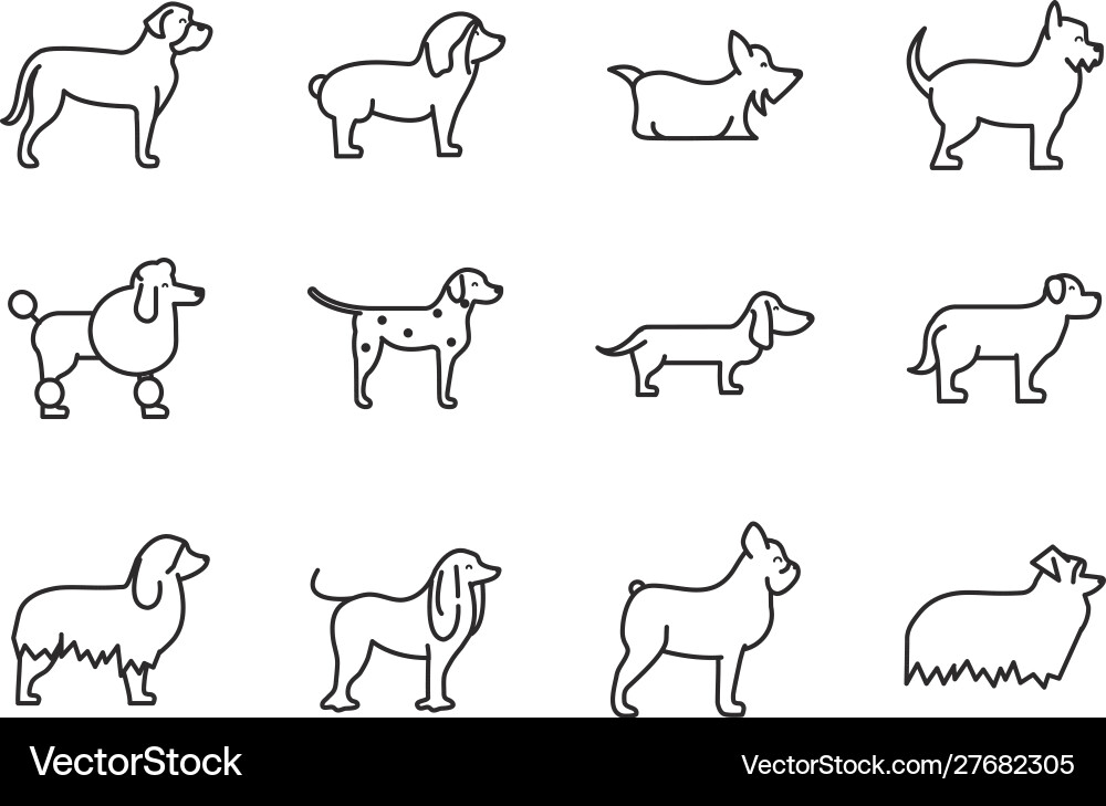 Dog Breed Standing Icons - Linear Style Vector Image