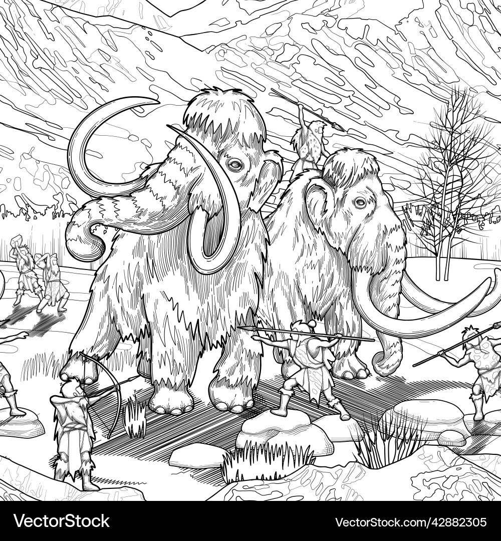 Graphic scene of cavemen hunting on a mammoths Graphic scene of cavemen hunting on a mammoths vector image
