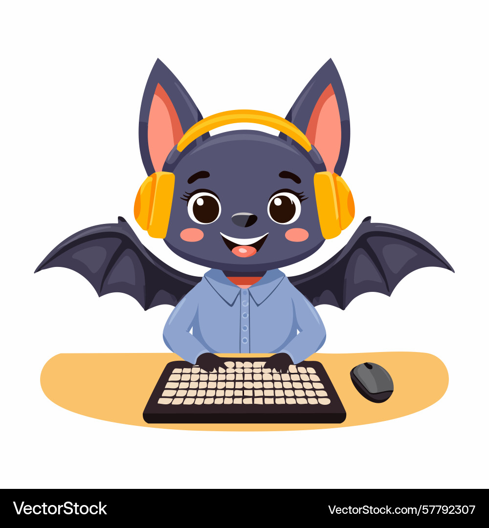 Cute bat character working on a computer vector image