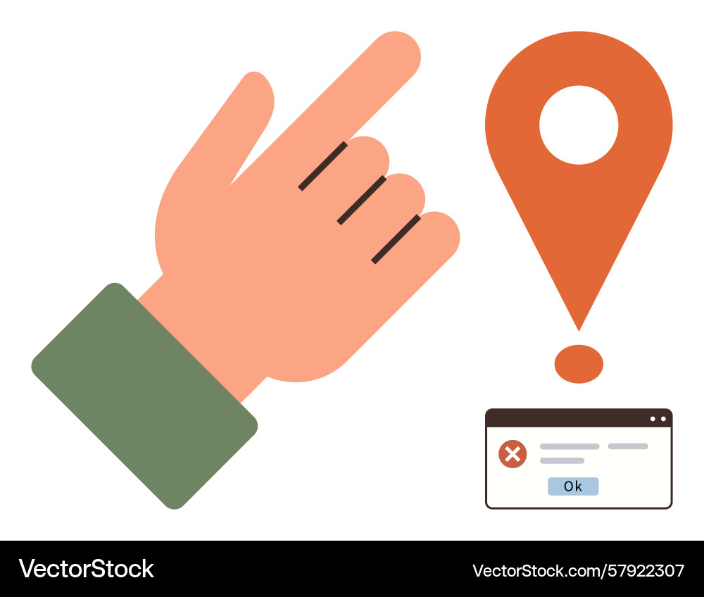 Hand pointing to location marker and error popup Vector Image