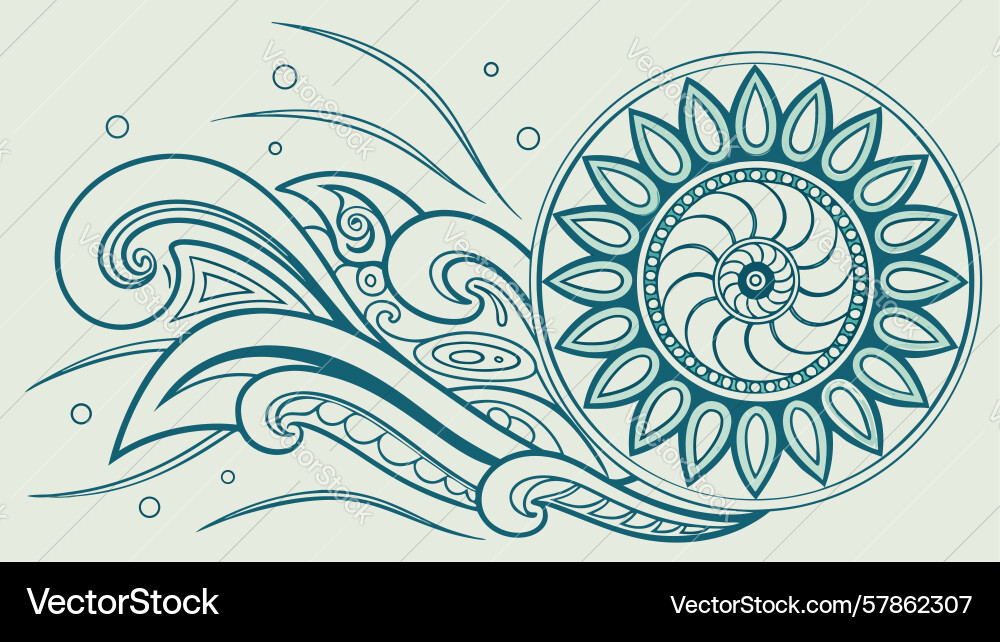Nautilus shell with flowing ocean waves in blue Vector Image