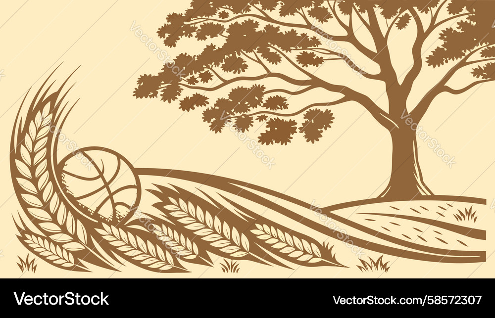 Rustic Tree by Wheat Field Vector Image