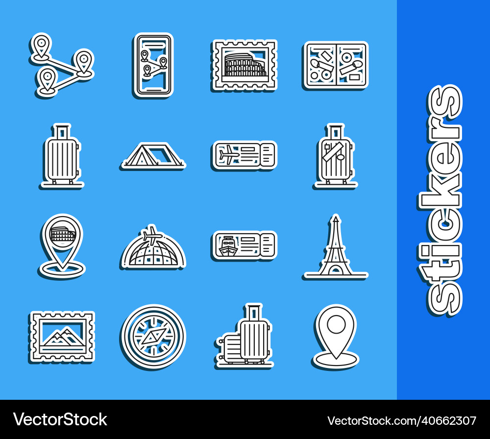 Set line map pin eiffel tower suitcase Set line map pin eiffel tower suitcase vector image