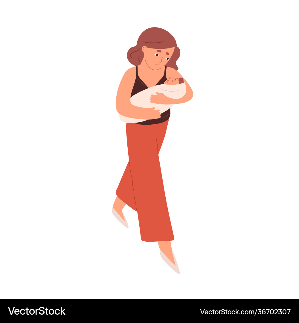 Young mother walking and holding newborn baby Young mother walking and holding newborn baby Vector Image