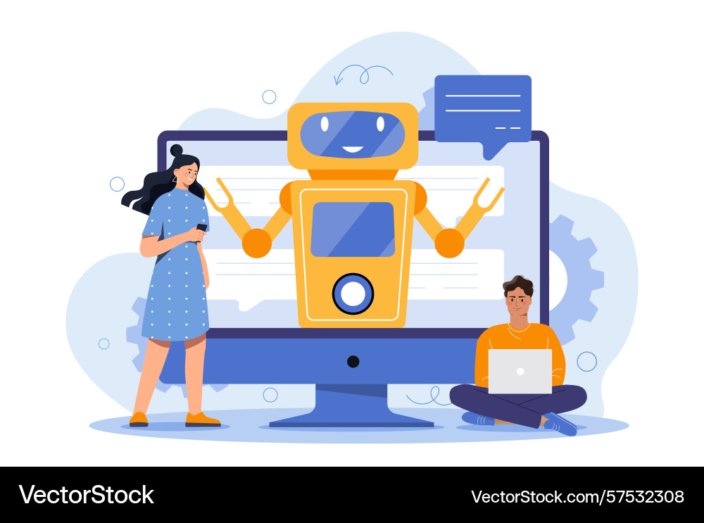 Chatbot assisting two users online Chatbot assisting two users online vector image