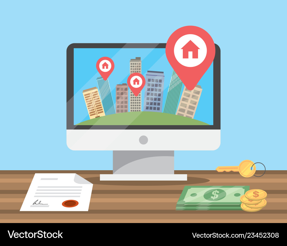 Computer with apartment building map location Computer with apartment building map location vector image